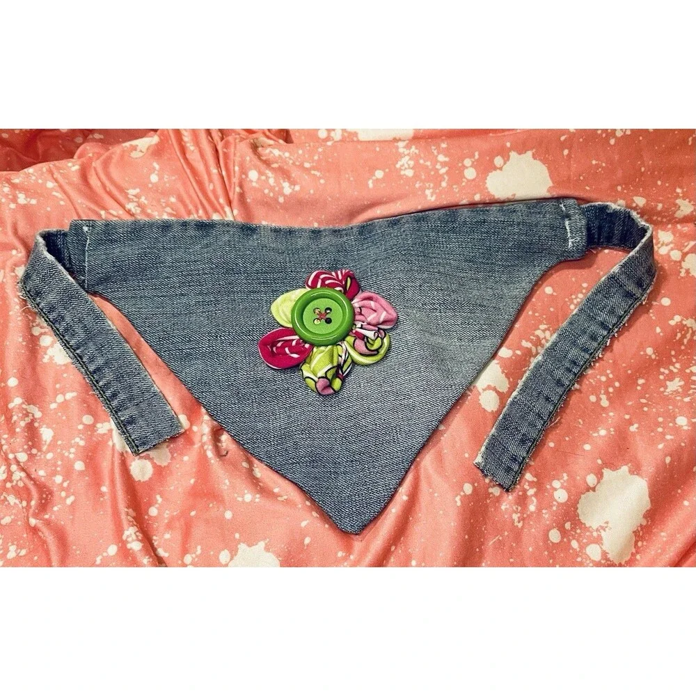 Pet Bandana Distressed Blue Jean Scarf with Lime & Pink Ribbon Flower Accent SzS